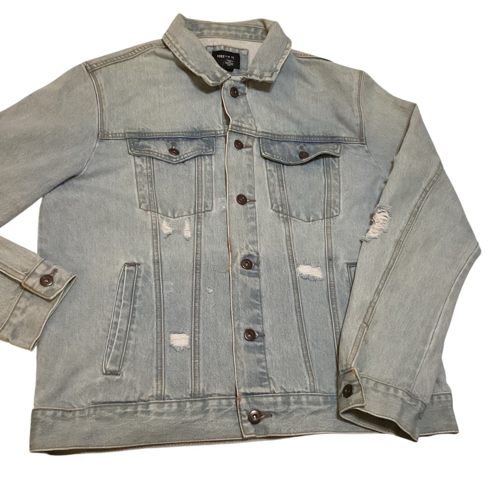 Forever 21 Men Light Wash Distressed Denim Trucker Jacket XL Blue Cotton